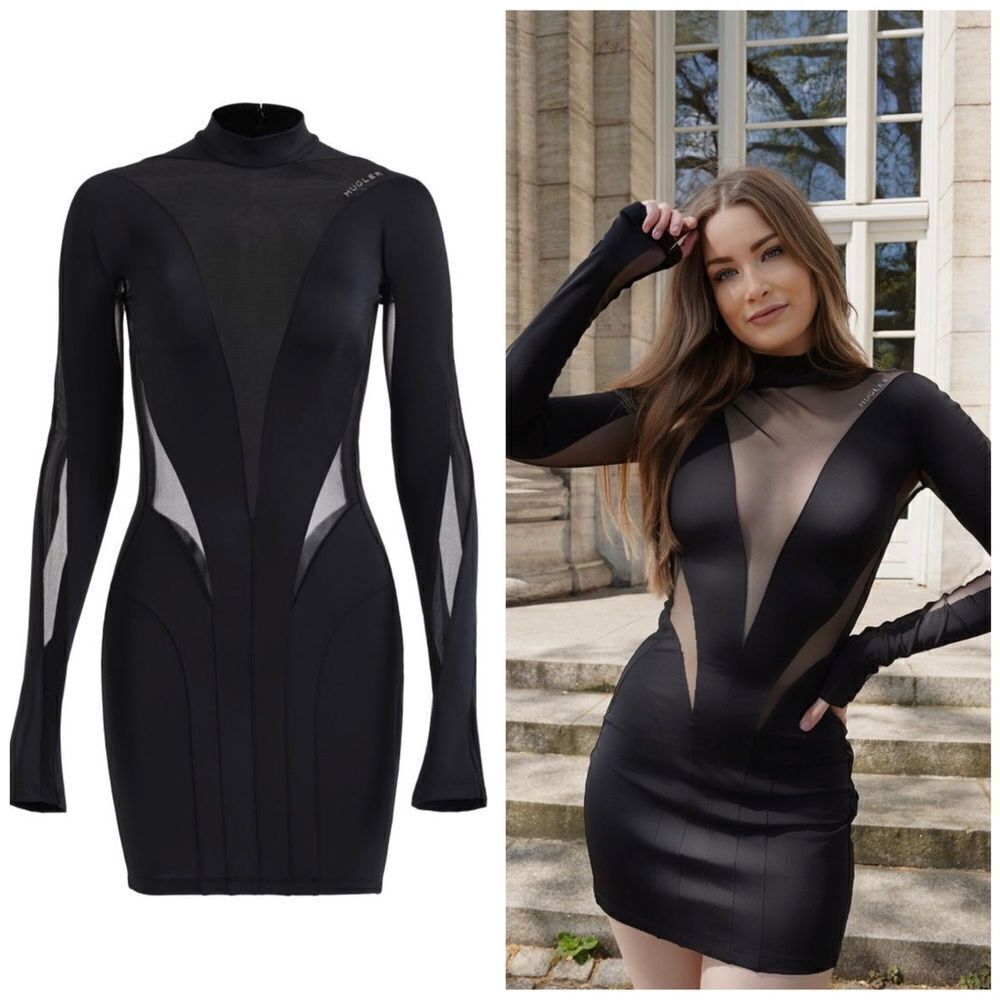 H&M Mugler Mesh-paneled Mini Dress Black